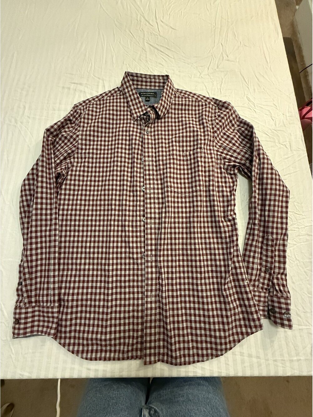Banana Republic Soft Wash Tailored Slim Fit Shirt Men's L Burgundy Gingham Check